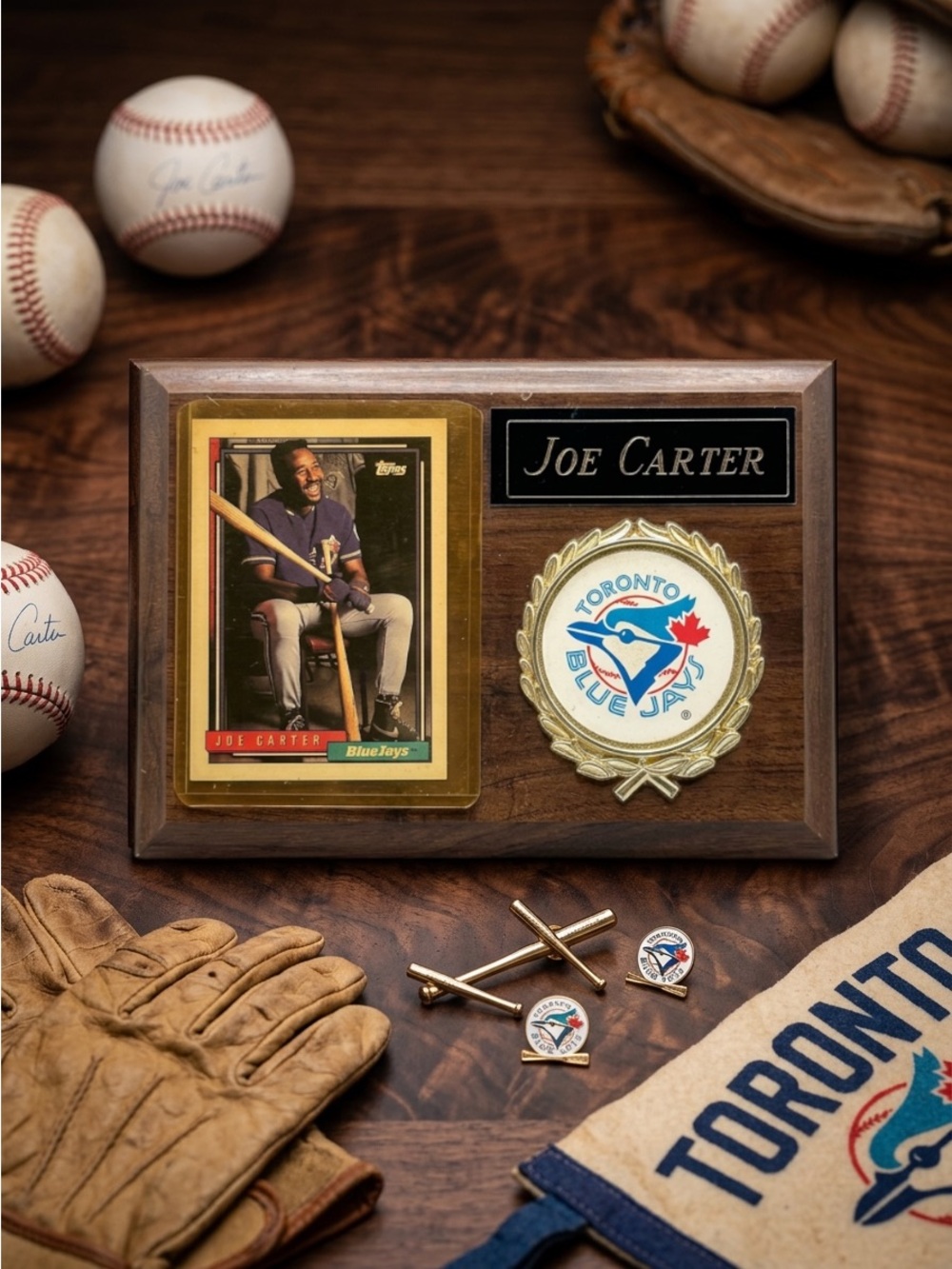 Joe Carter Toronto Blue Jays Wooden Memorabilia Plaque 1989 Topps Baseball Card